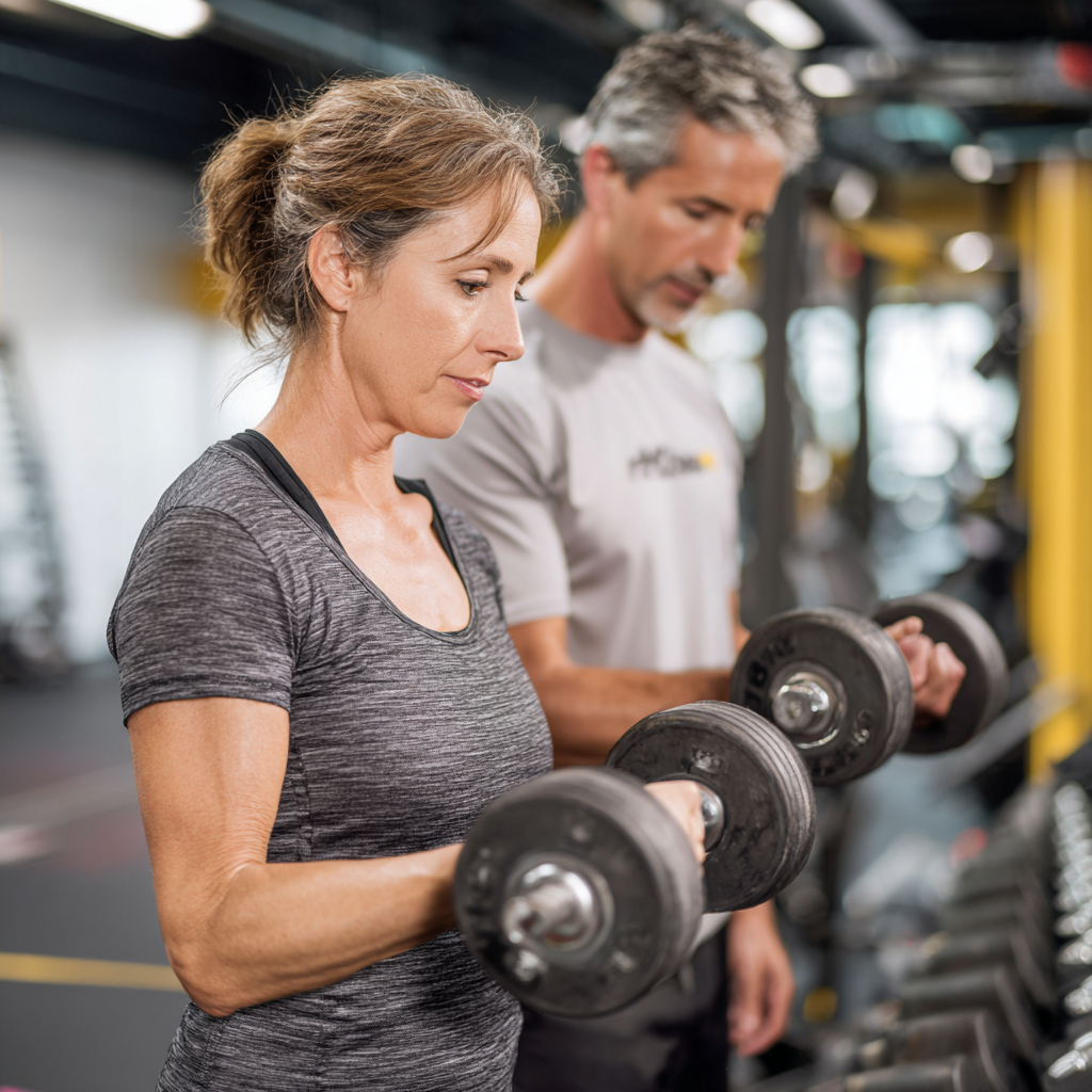 Жінка 52 років тренується з гантелями в golkabrend, демонструючи правильну техніку силових вправ під наглядом тренера