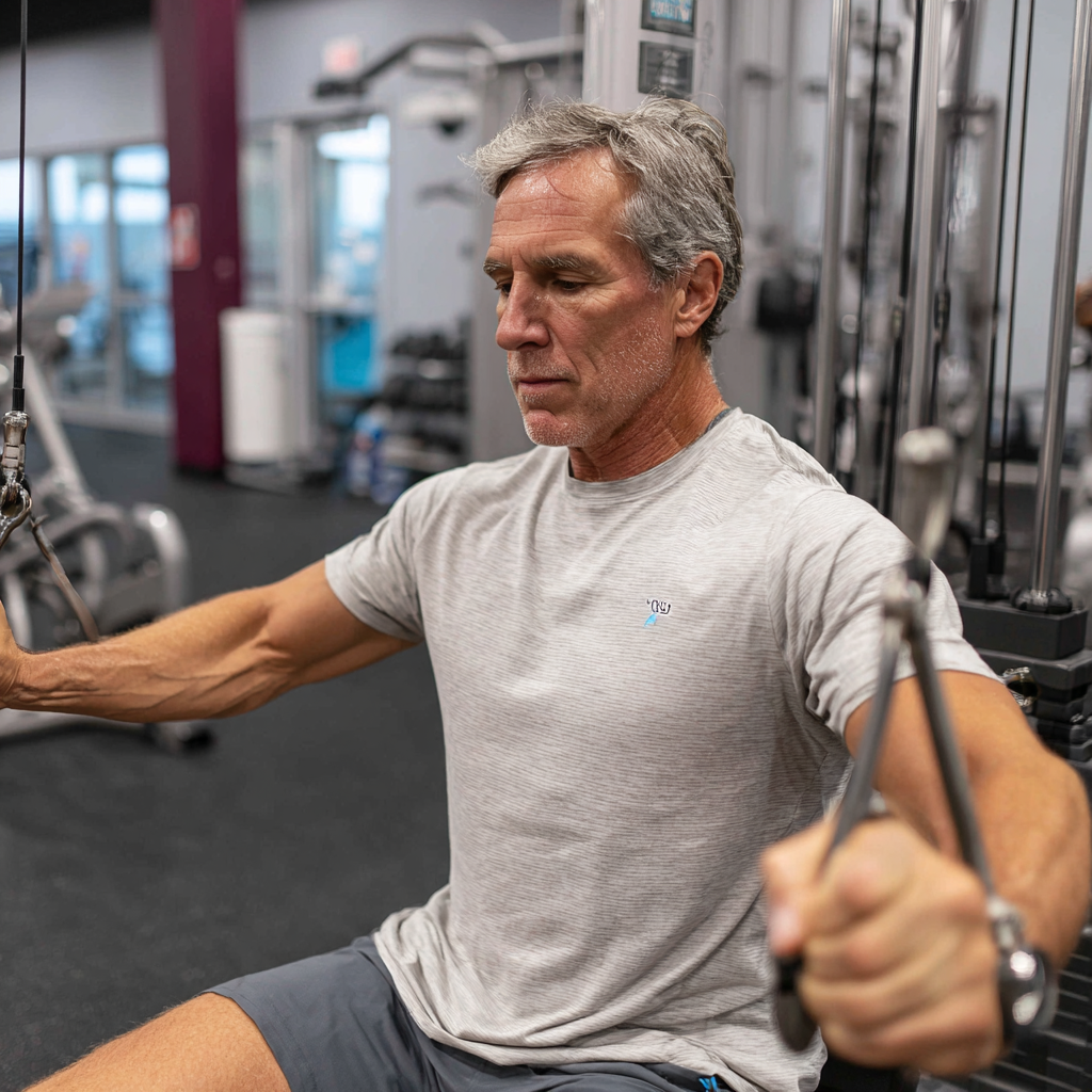 Чоловік 55 років виконує силові вправи в тренажерному залі golkabrend, демонструючи правильну техніку та концентрацію