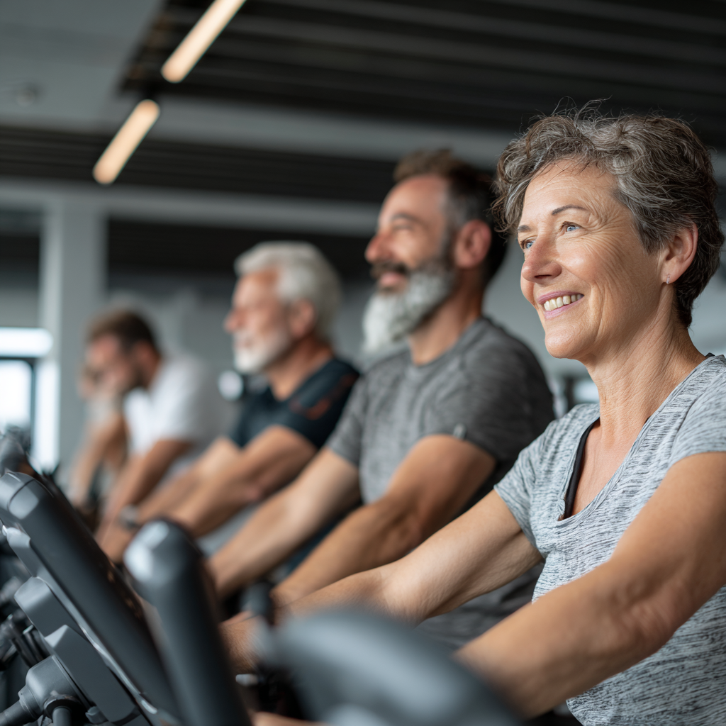 Група людей віком 50-60 років виконують кардіо тренування в сучасному залі golkabrend з професійним обладнанням